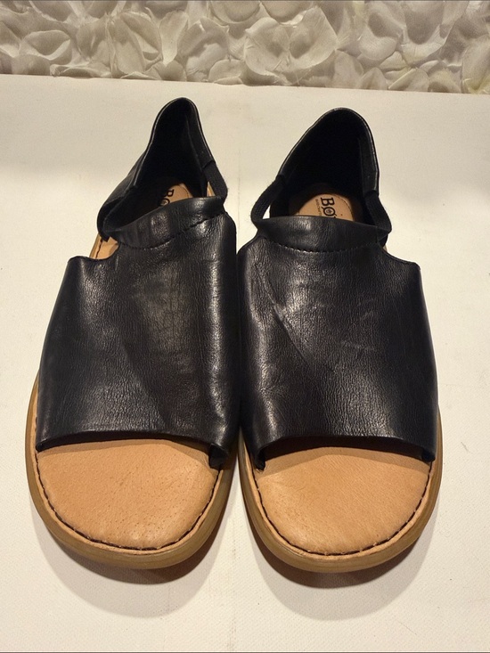 Born Shoes - Born Black Leather Open-Toe Slingback Sandals with Tan Footbed